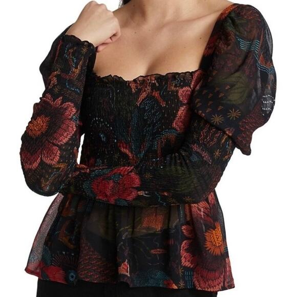 FARM Rio NWT Black River Creatures Smocked Floral Chiffon Sheer Blouse XS - Picture 2 of 10